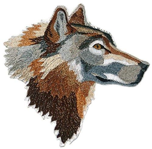 A detailed embroidered patch featuring a wolf head design, measuring 7.5 inches by 7 inches, suitable for iron-on or sew-on applications.