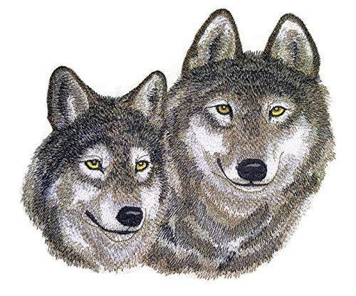 A detailed embroidered patch featuring a pair of wolves, showcasing intricate stitching and vibrant colors on a cotton base.