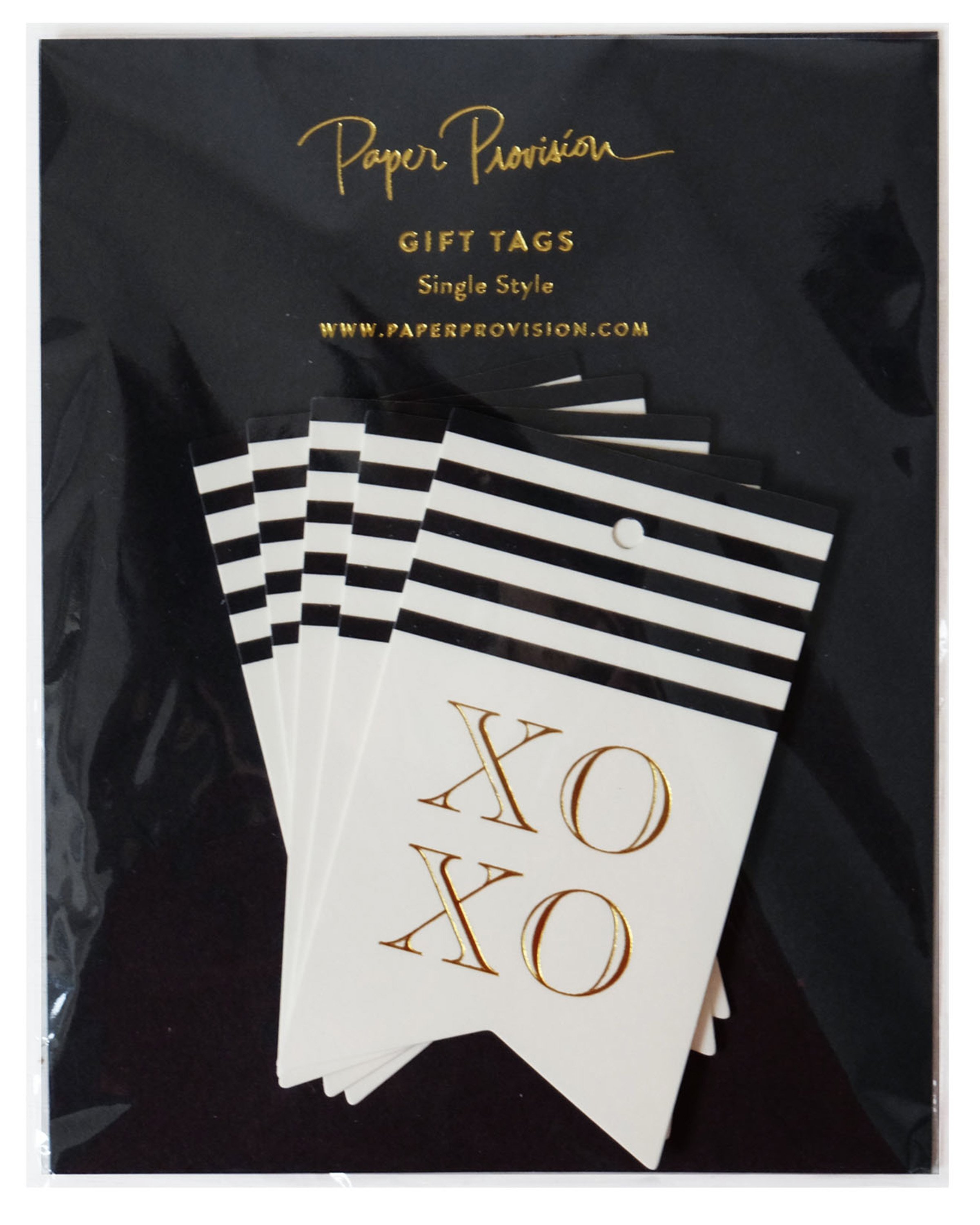 A pack of five XOXO tags featuring gold foil accents and a flag shape design, perfect for gift wrapping.