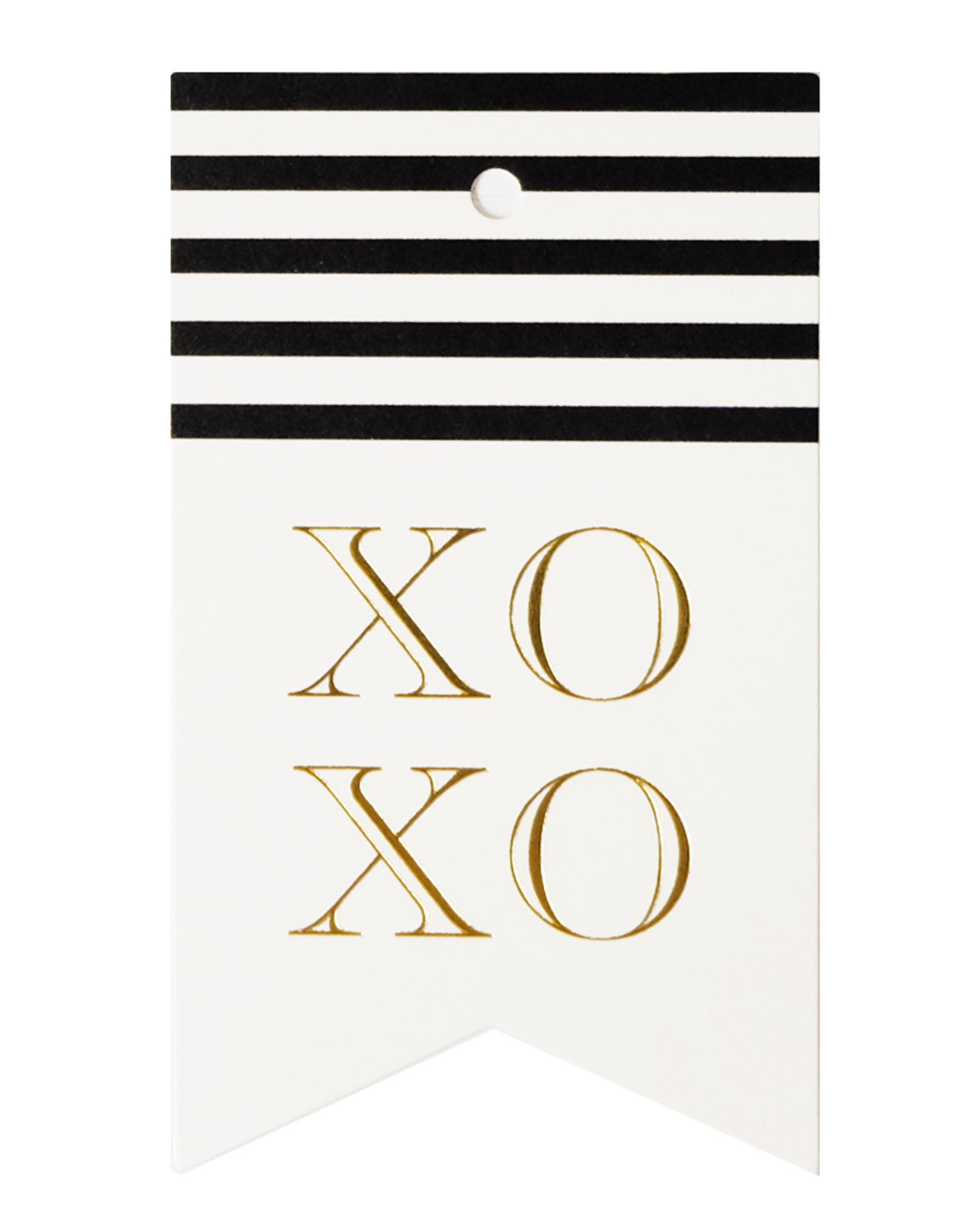 A pack of five XOXO tags featuring gold foil accents and a flag shape design, perfect for gift wrapping.