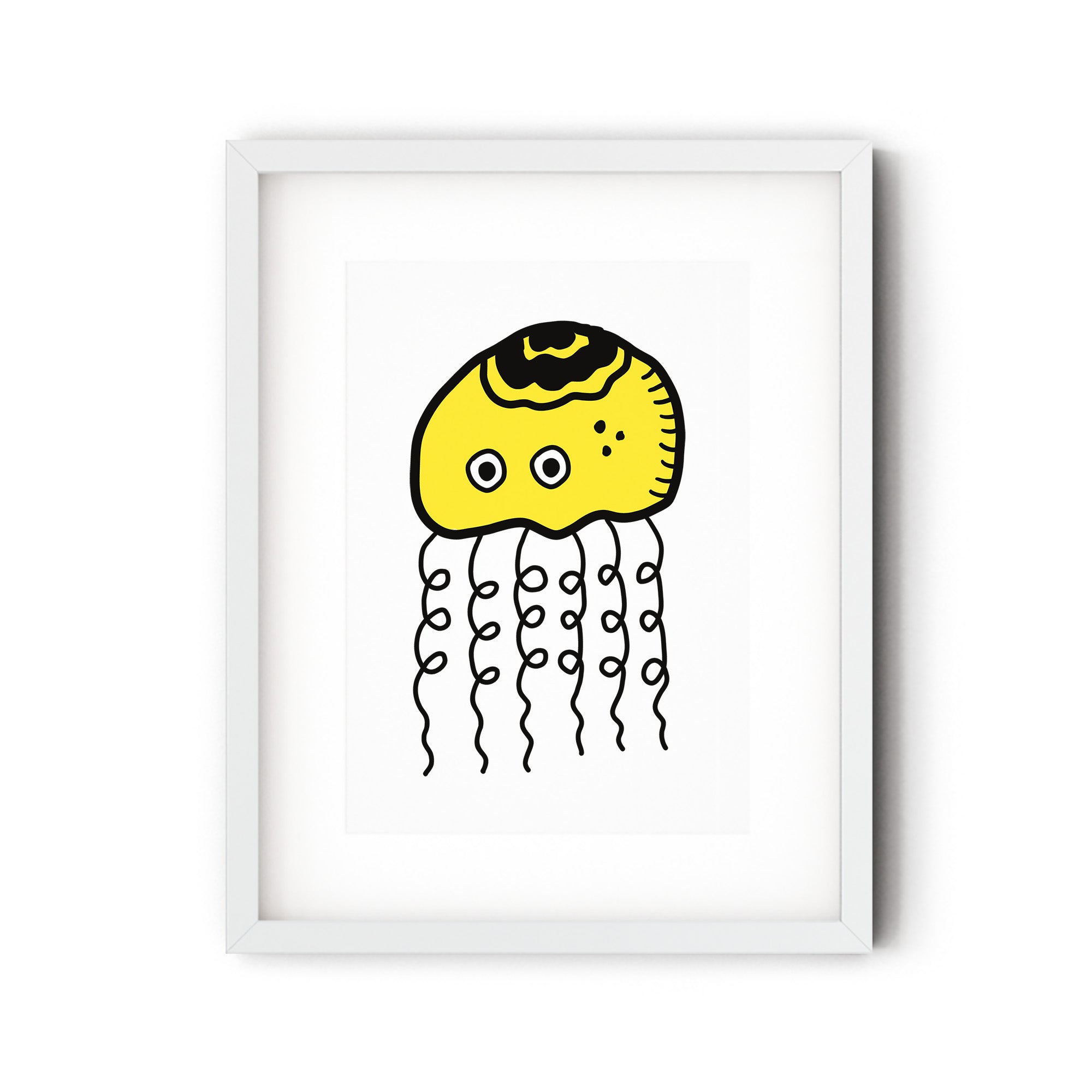 A vibrant yellow jellyfish illustration on a white background, showcasing its playful design and intricate details.