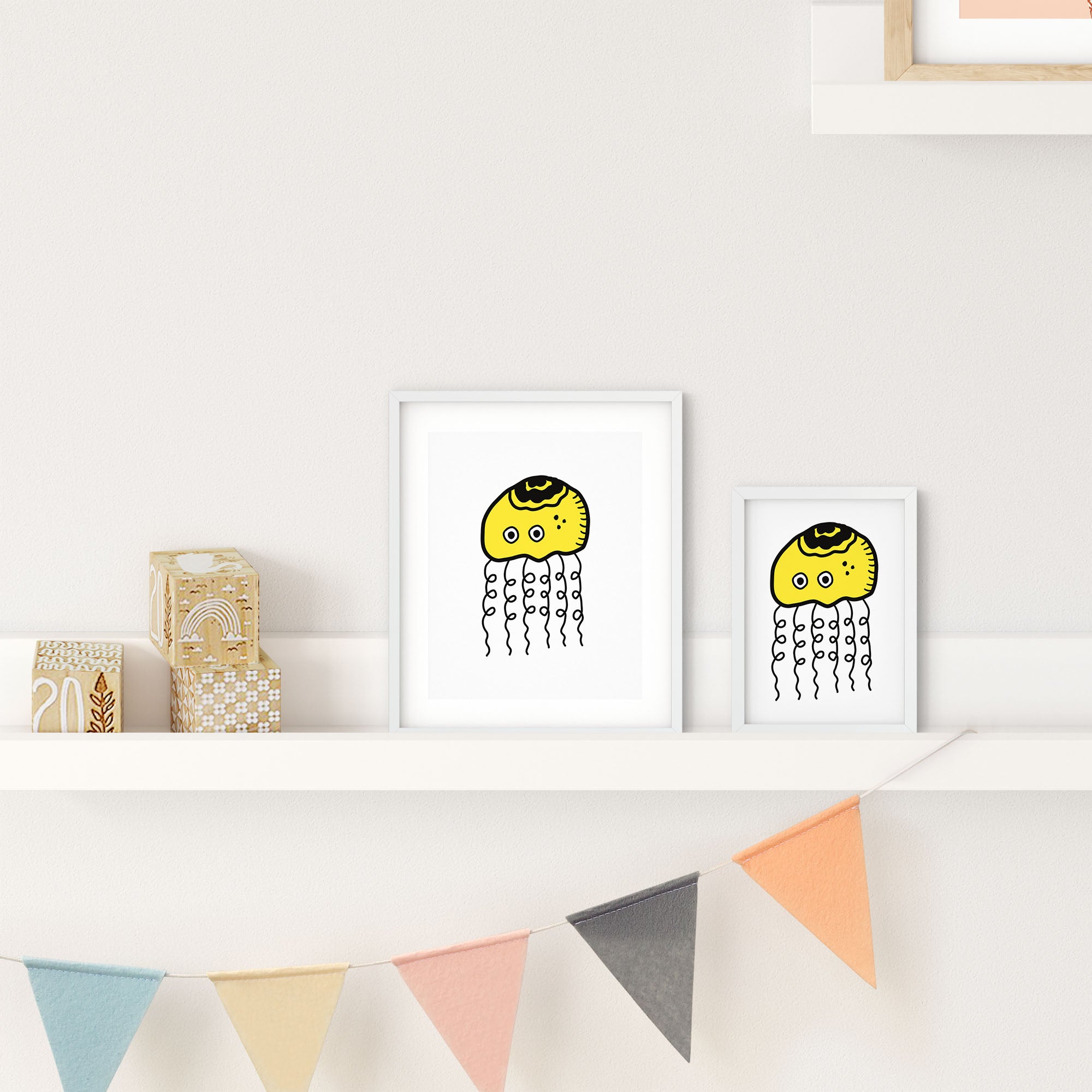 A vibrant yellow jellyfish illustration on a white background, showcasing its playful design and intricate details.