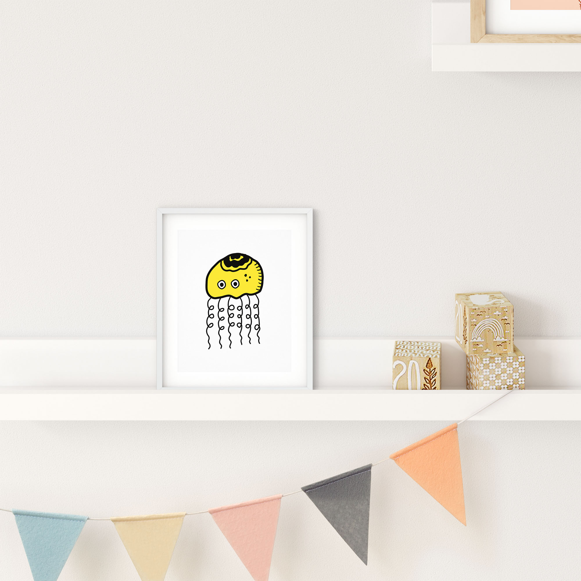 A vibrant yellow jellyfish illustration on a white background, showcasing its playful design and intricate details.