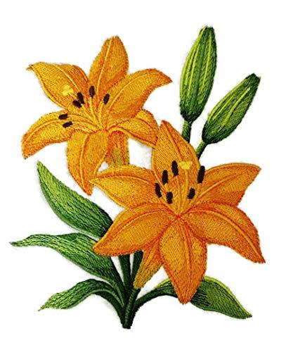 Yellow Lily Blooms embroidered patch featuring intricate floral design on a cotton base, ideal for iron-on or sewing applications.