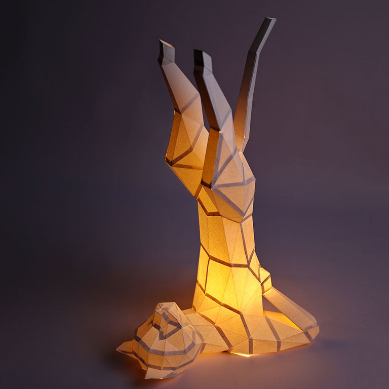 A beautifully crafted Yoga Cat 3D Paper Model lamp in a yoga pose, showcasing intricate paper art design.