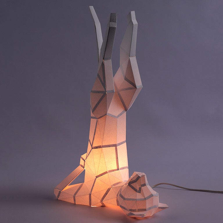 A beautifully crafted Yoga Cat 3D Paper Model lamp in a yoga pose, showcasing intricate paper art design.