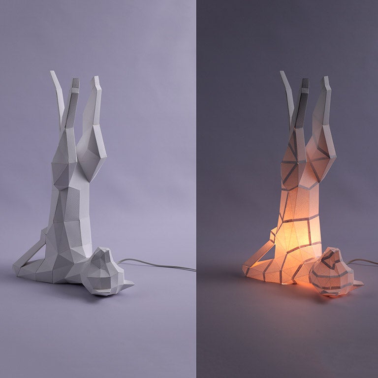 A beautifully crafted Yoga Cat 3D Paper Model lamp in a yoga pose, showcasing intricate paper art design.