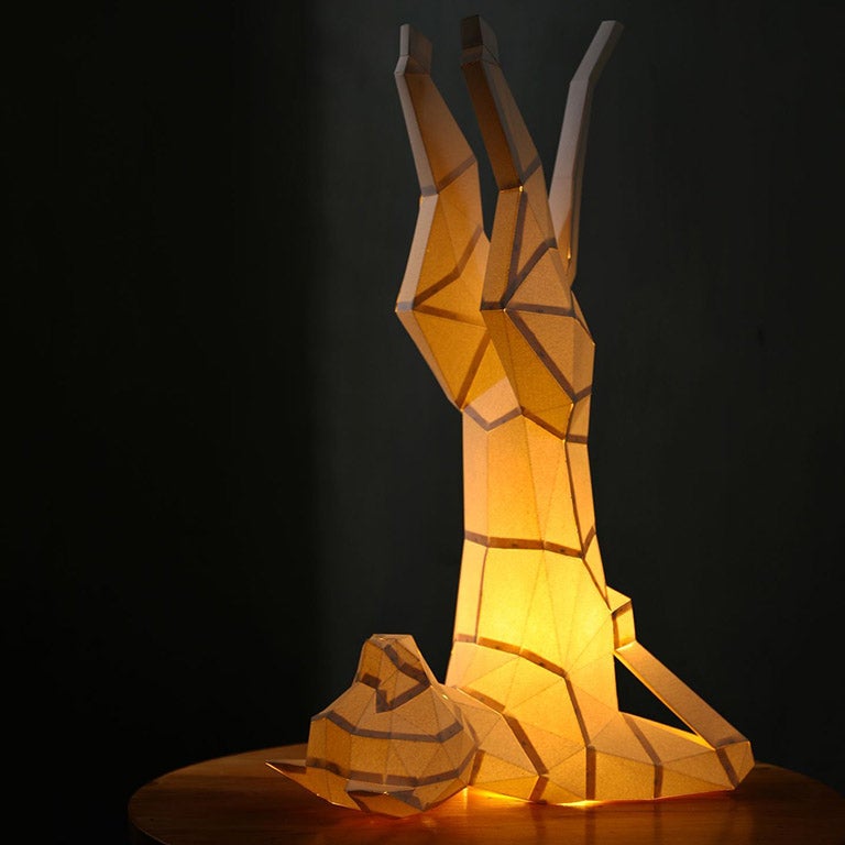 A beautifully crafted Yoga Cat 3D Paper Model lamp in a yoga pose, showcasing intricate paper art design.