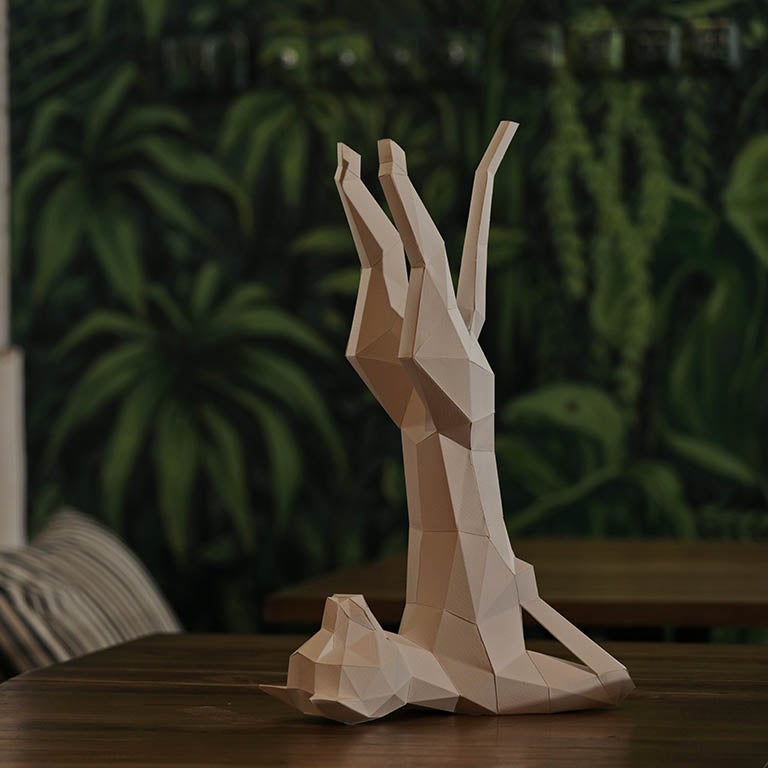 A beautifully crafted Yoga Cat 3D Paper Model lamp in a yoga pose, showcasing intricate paper art design.