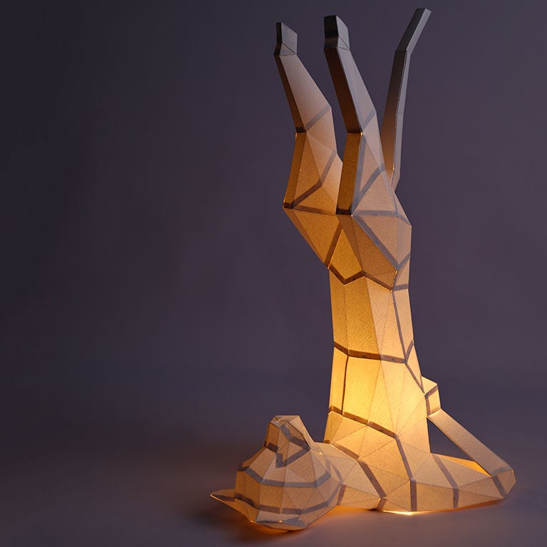 A beautifully crafted Yoga Cat 3D Paper Model lamp in a yoga pose, showcasing intricate paper art design.