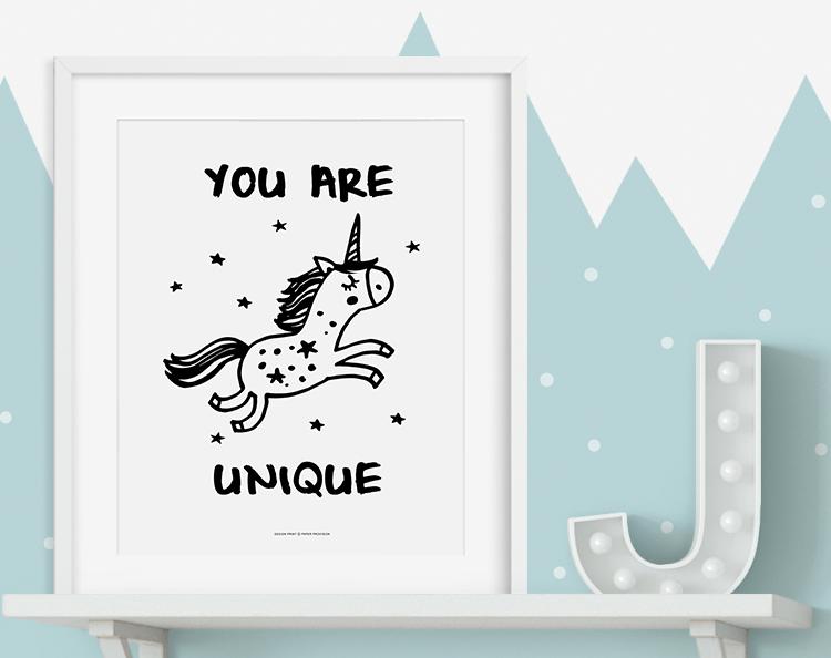 A colorful and inspiring 'You Are Unique' print designed for children's rooms, featuring vibrant colors and a charming design.