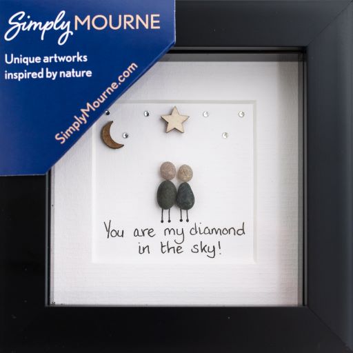 A beautifully framed pebble art picture titled 'You are my diamond in the sky', featuring unique pebble arrangements symbolizing love and connection.