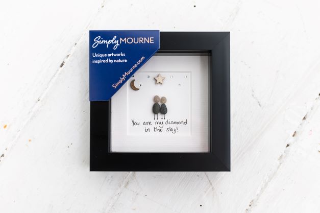 A beautifully framed pebble art picture titled 'You are my diamond in the sky', featuring unique pebble arrangements symbolizing love and connection.