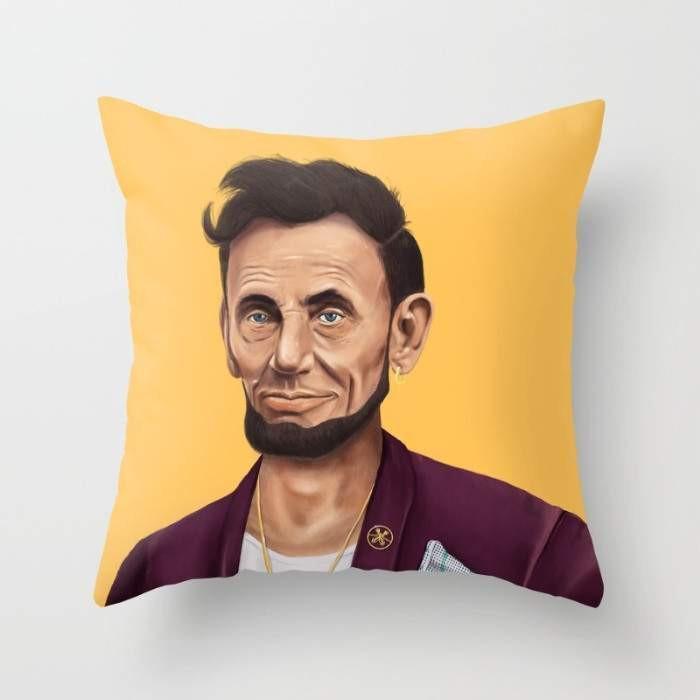 Abraham Lincoln Pillow featuring a double-sided print on 100% spun polyester fabric, measuring 16x16 inches with a concealed zipper.