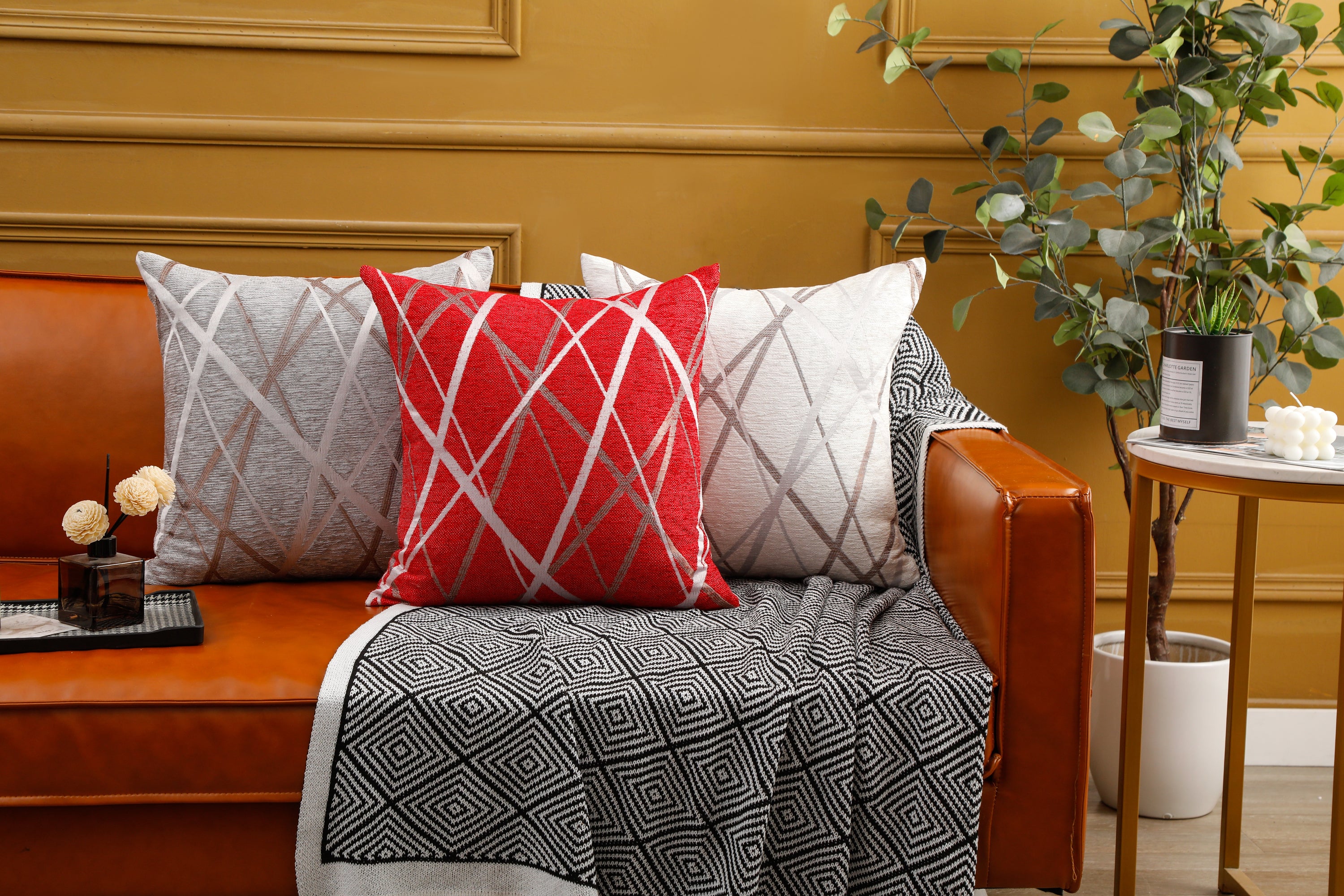 Abstract Lines Geometric Pattern Chenille Cushion Covers in a stylish living room setting, showcasing their modern design and soft texture.