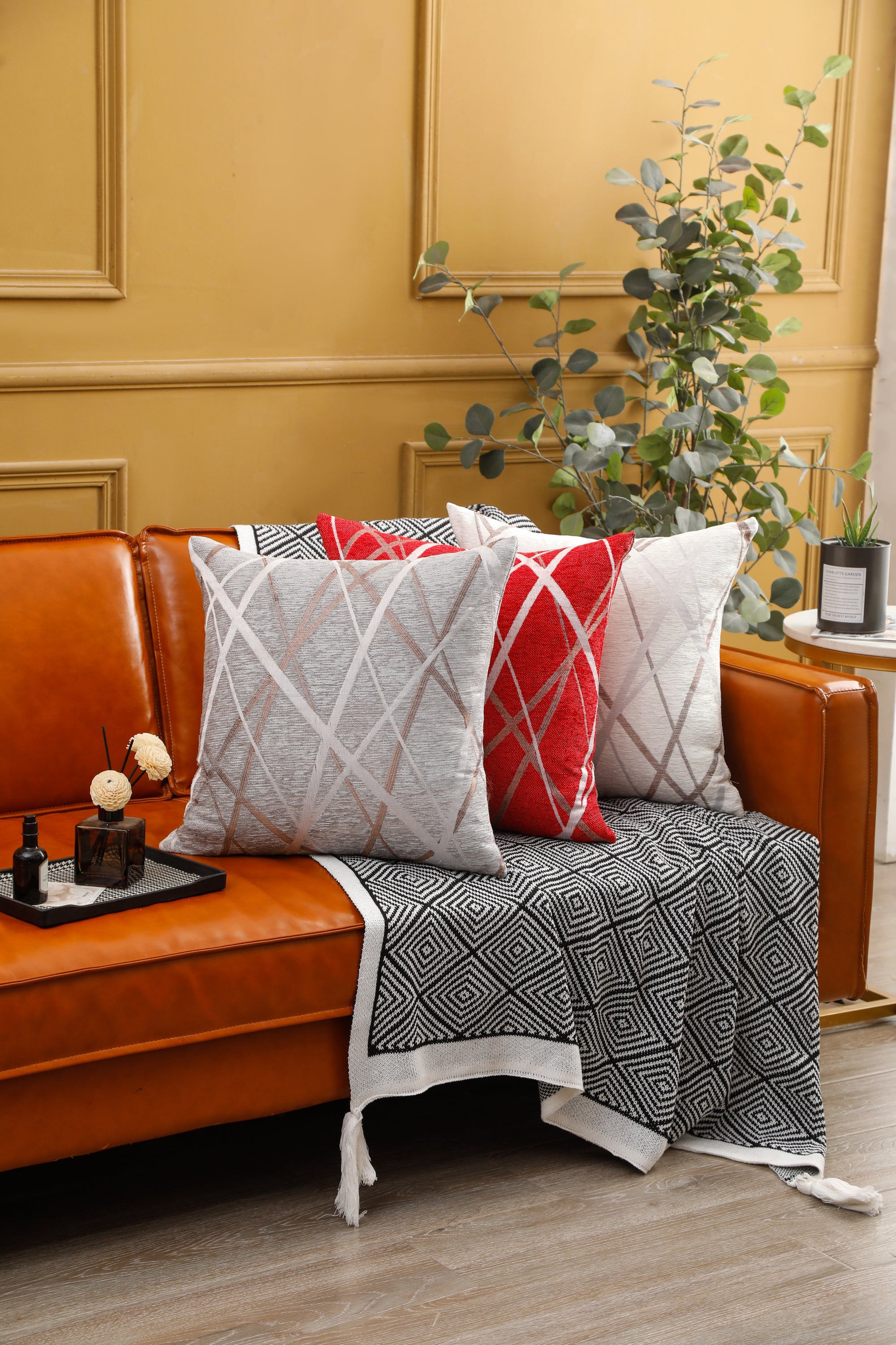 Abstract Lines Geometric Pattern Chenille Cushion Covers in a stylish living room setting, showcasing their modern design and soft texture.