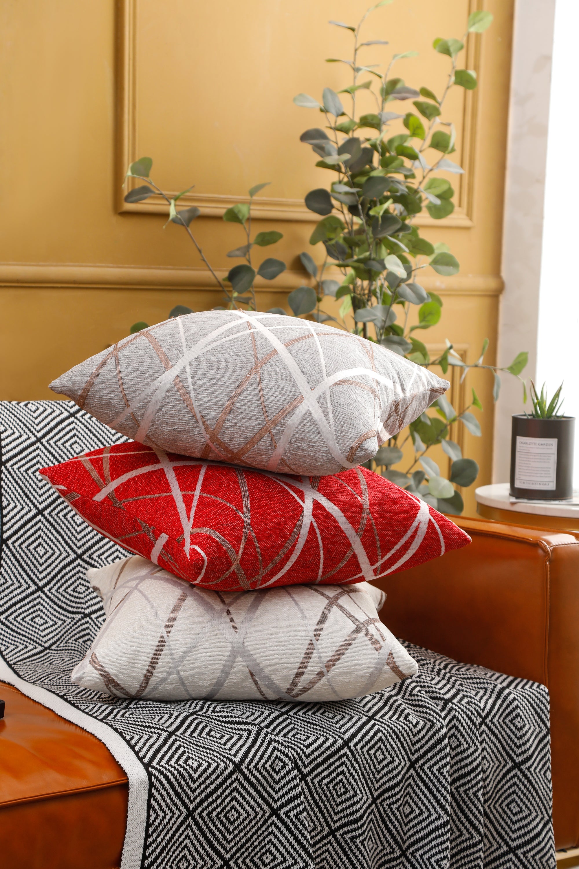 Abstract Lines Geometric Pattern Chenille Cushion Covers in a stylish living room setting, showcasing their modern design and soft texture.