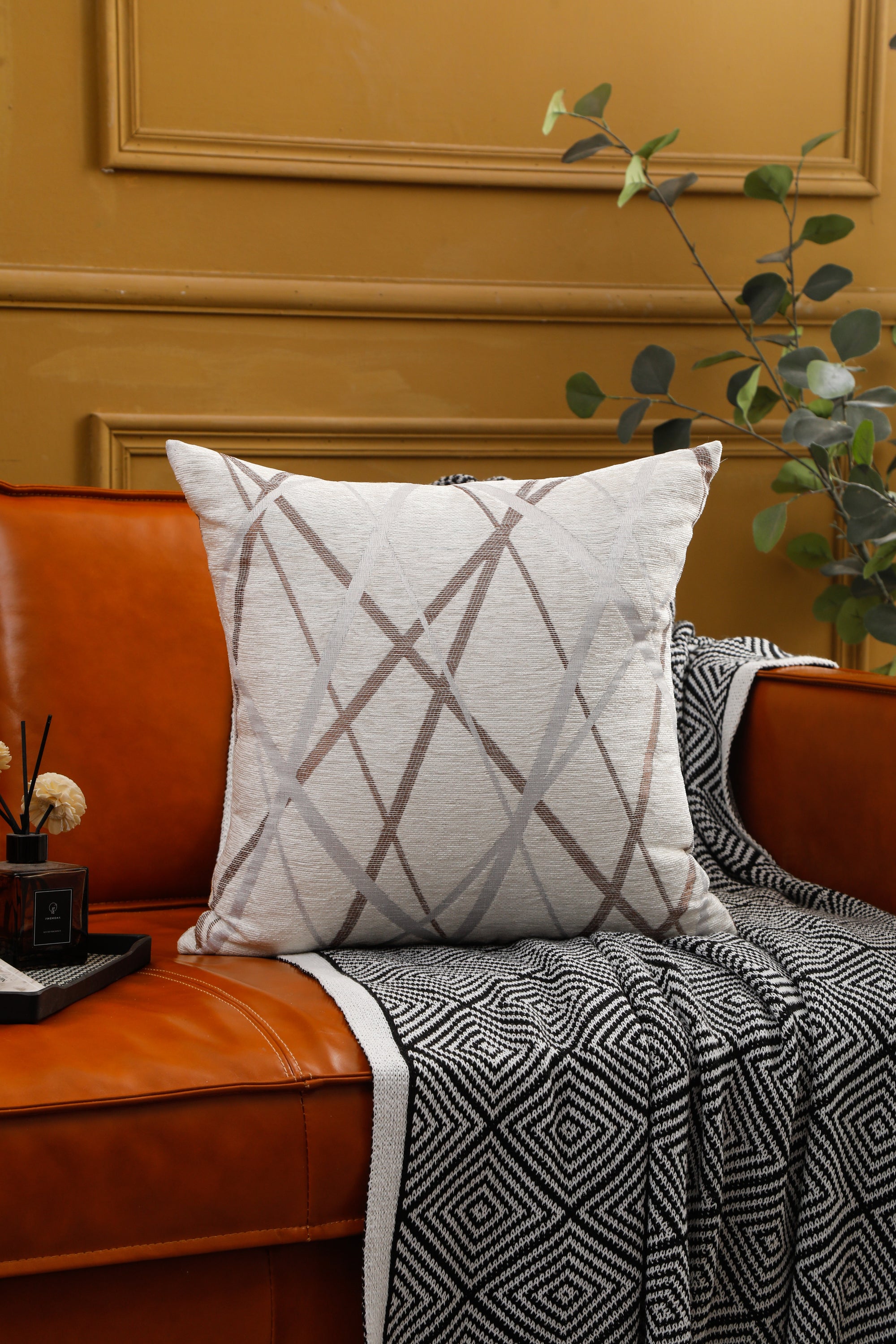 Abstract Lines Geometric Pattern Chenille Cushion Covers in a stylish living room setting, showcasing their modern design and soft texture.