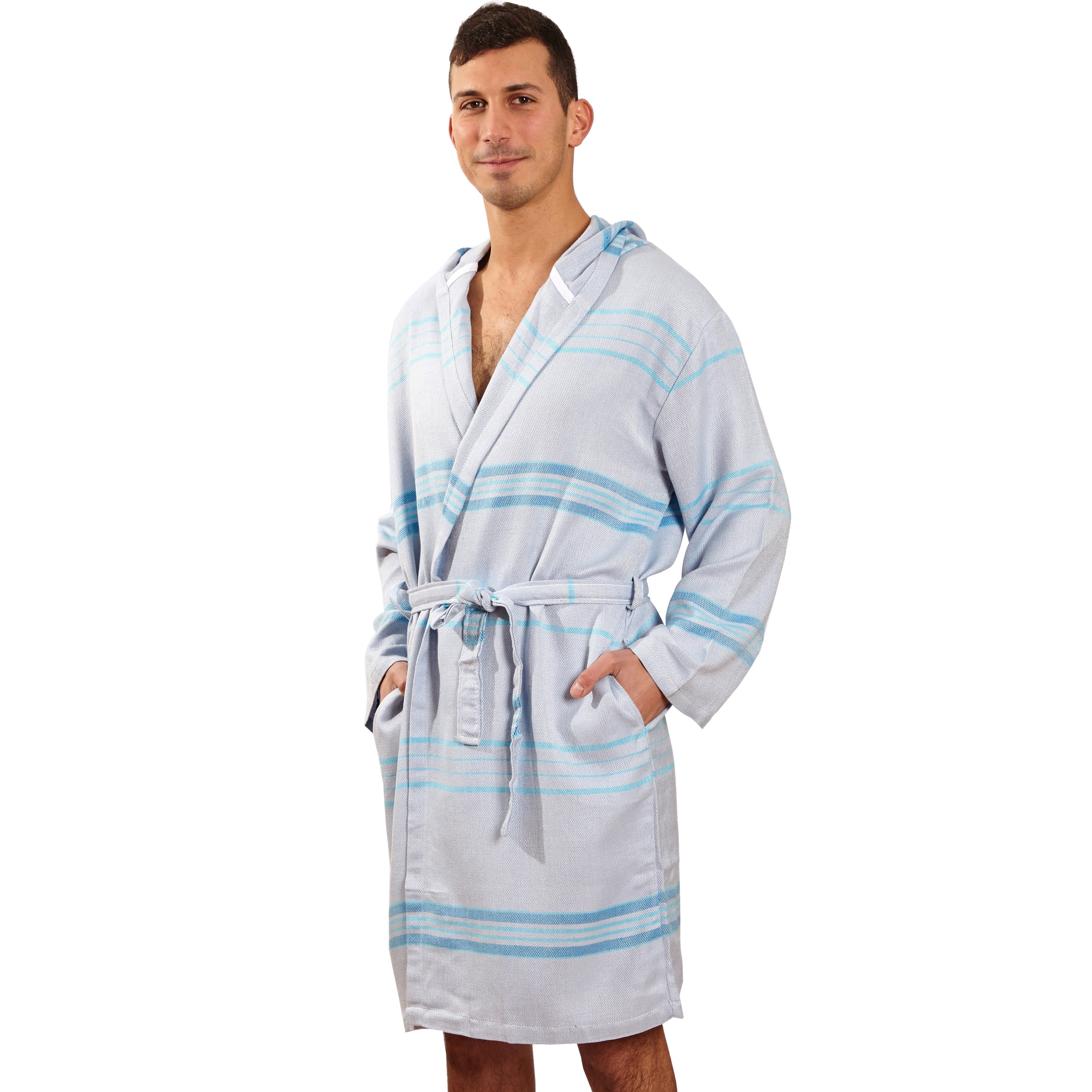 Antalya Unisex Bathrobe in Turquoise, made from recycled Turkish cotton, showcasing its soft texture and stylish design.