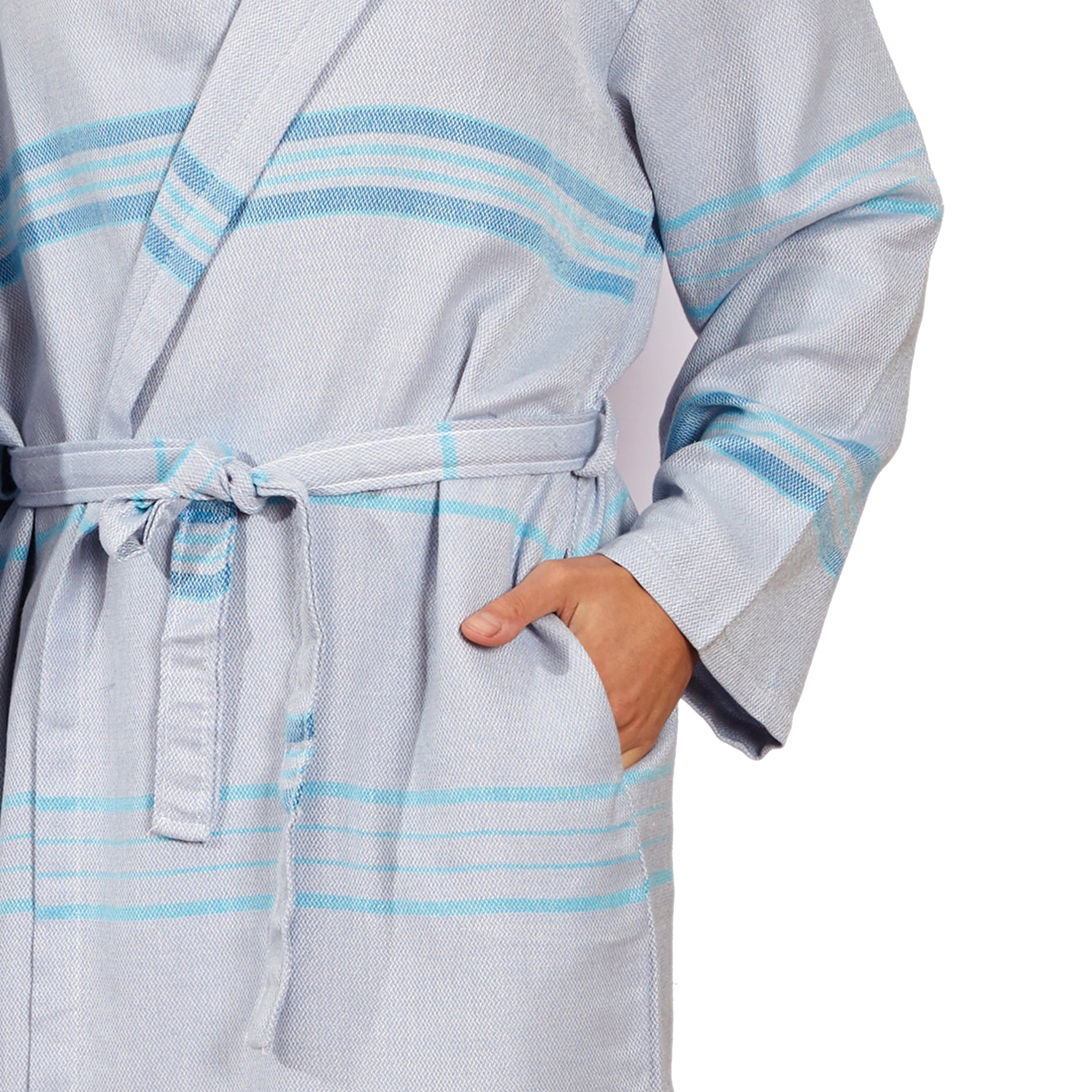 Antalya Unisex Bathrobe in Turquoise, made from recycled Turkish cotton, showcasing its soft texture and stylish design.