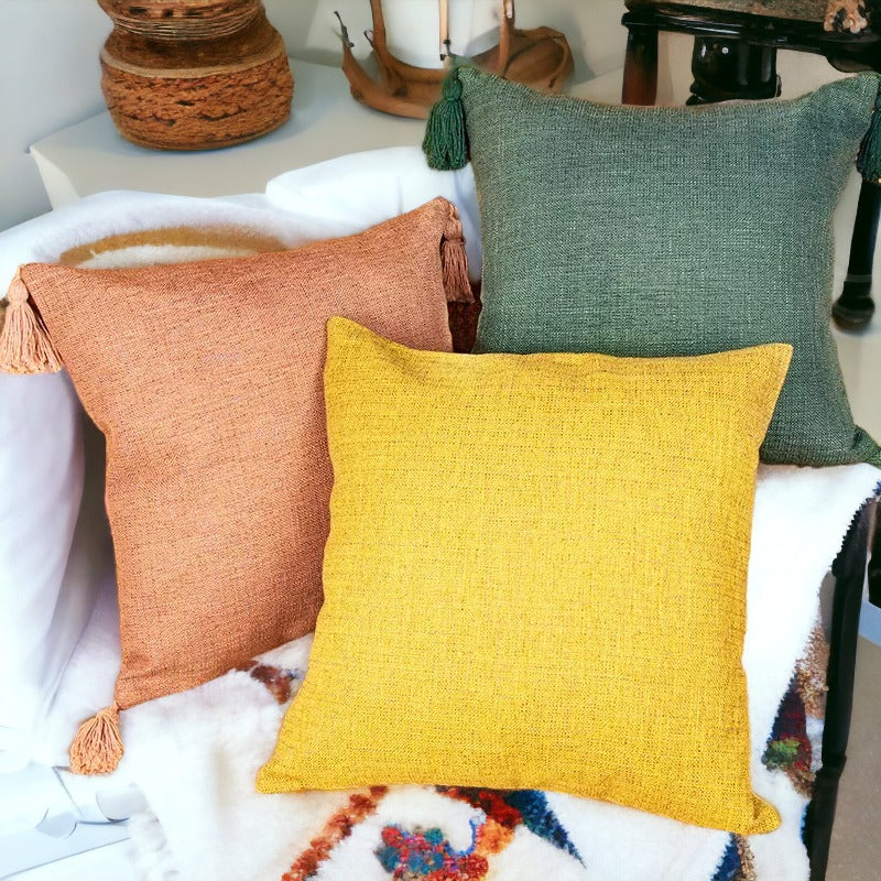 Boho Cottage Cases in vibrant colors, showcasing cotton linen texture and 18x18 inch size, perfect for home decor.