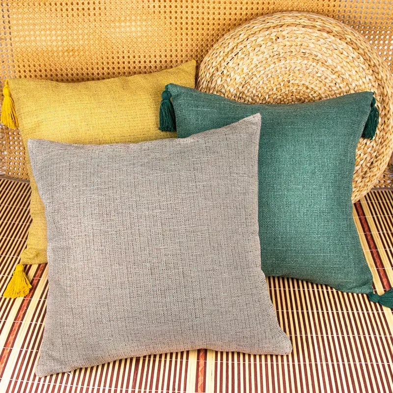 Boho Cottage Cases in vibrant colors, showcasing cotton linen texture and 18x18 inch size, perfect for home decor.