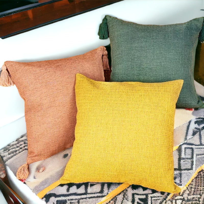 Boho Cottage Cases in vibrant colors, showcasing cotton linen texture and 18x18 inch size, perfect for home decor.