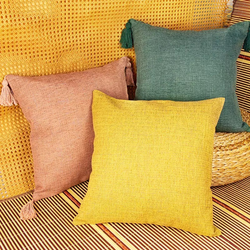 Boho Cottage Cases in vibrant colors, showcasing cotton linen texture and 18x18 inch size, perfect for home decor.