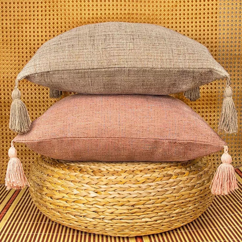 Boho Cottage Cases in vibrant colors, showcasing cotton linen texture and 18x18 inch size, perfect for home decor.