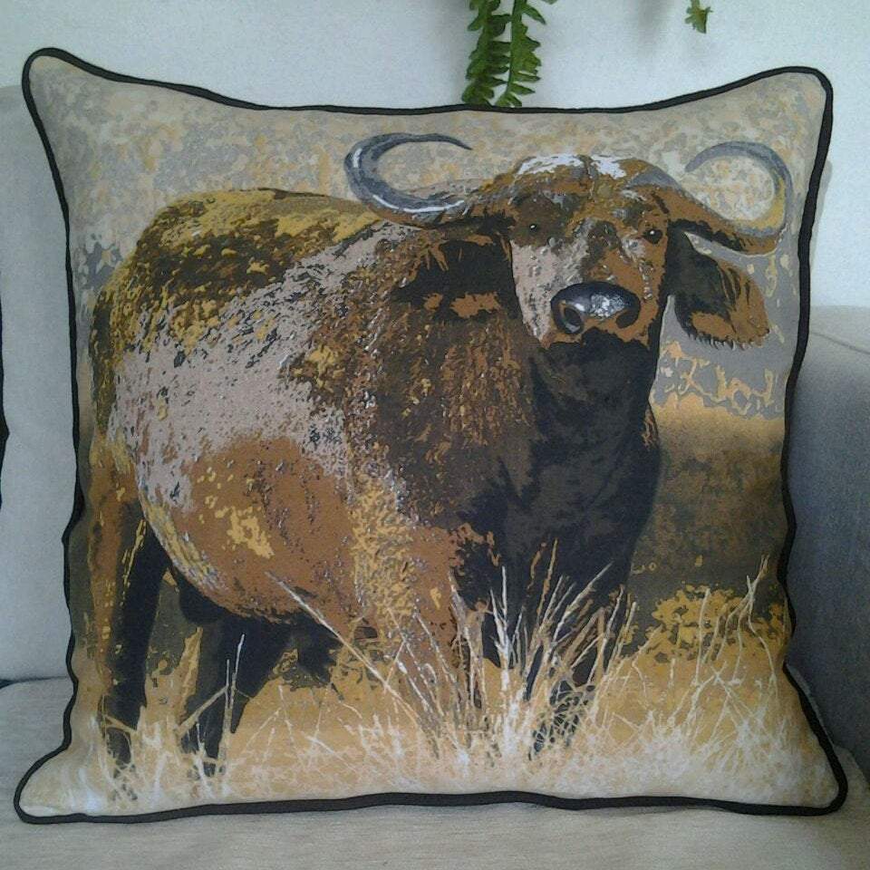 Buffalo Printed decorative throw Pillow Cover featuring a big horn design, handmade with cotton and velvet, ideal for home decor.