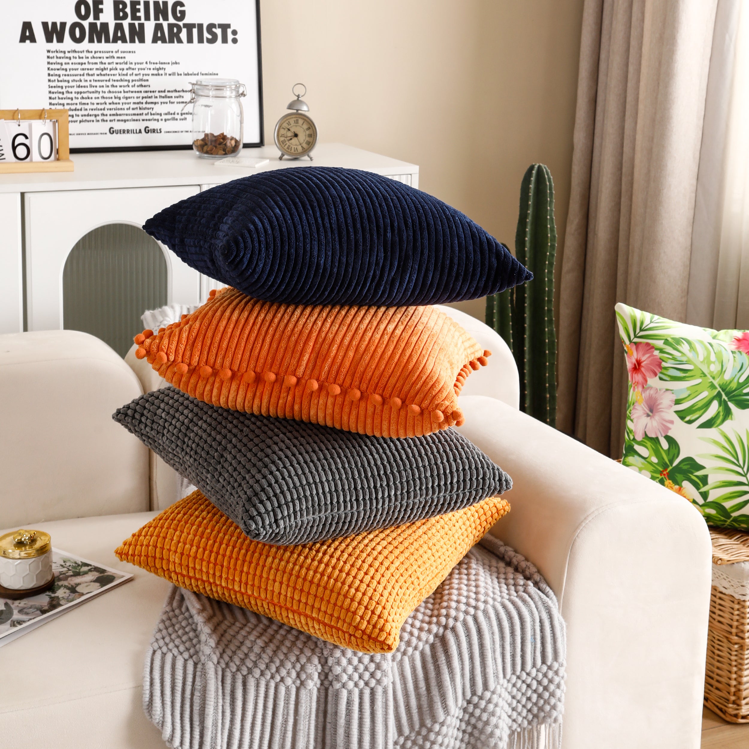 Corn Textured Corduroy Cushion Covers in square and rectangular shapes, showcasing vibrant colors and soft texture.