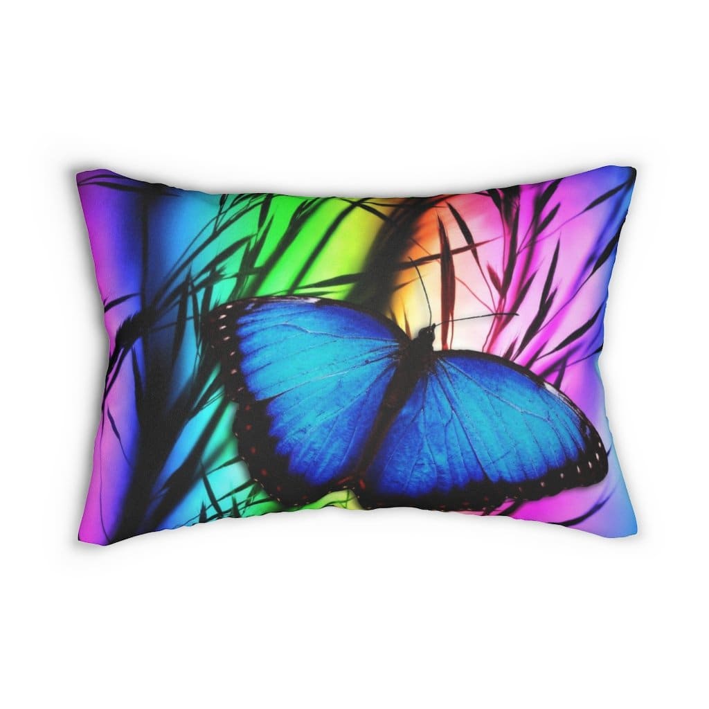 Decorative lumbar throw pillow featuring a blue butterfly design on a spun-polyester fabric, with a concealed zipper and removable insert.