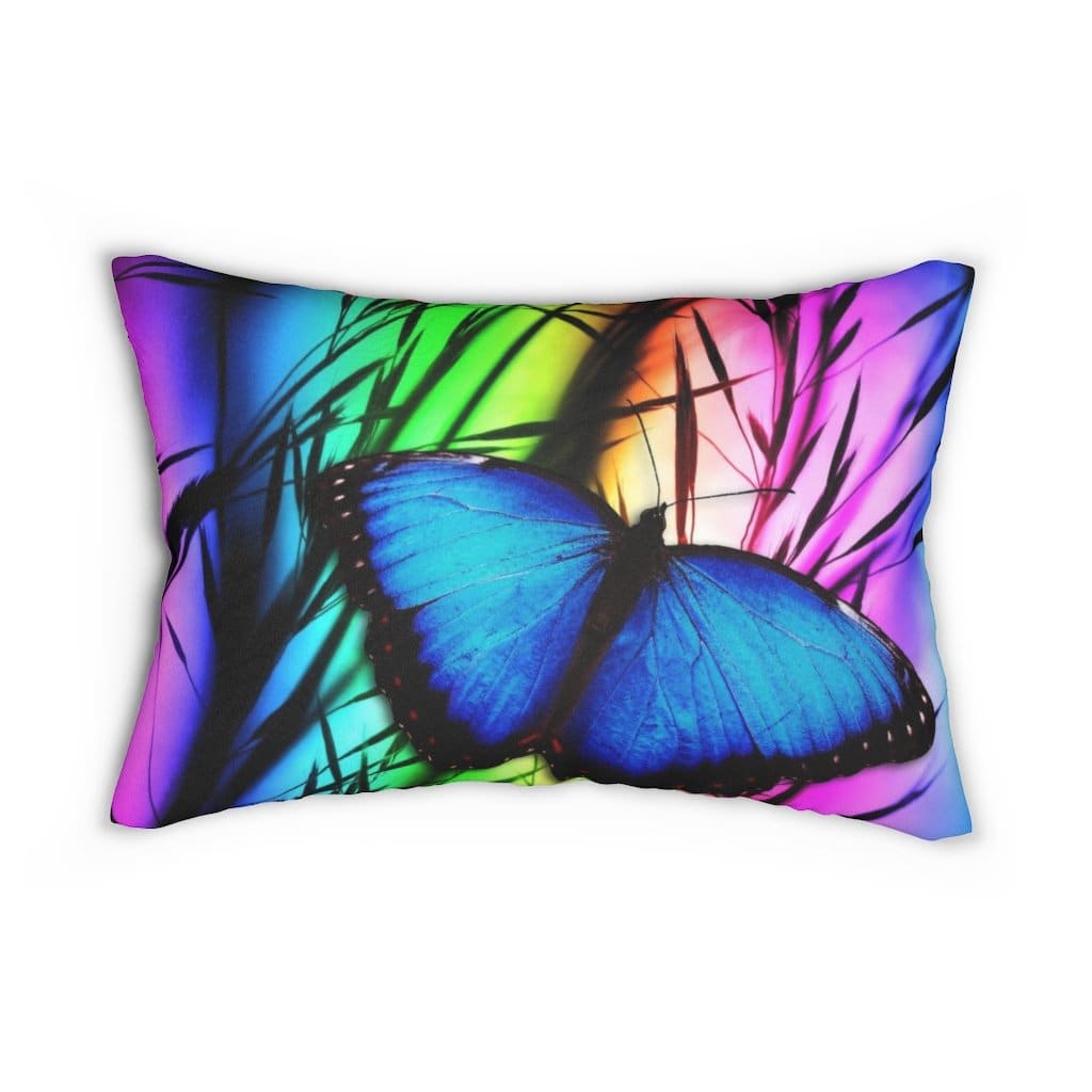 Decorative lumbar throw pillow featuring a blue butterfly design on a spun-polyester fabric, with a concealed zipper and removable insert.