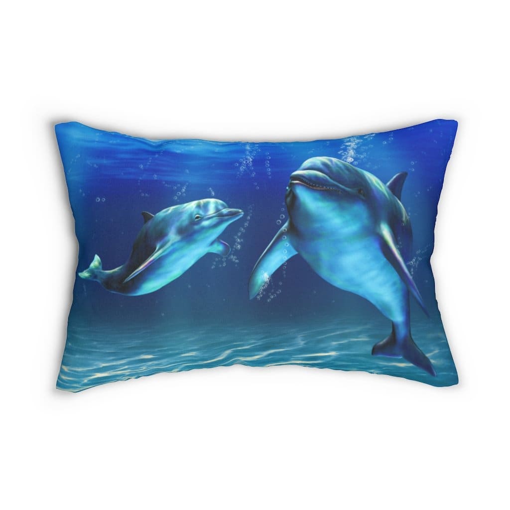 Decorative lumbar throw pillow featuring a blue dolphin design, made from spun-polyester fabric with a hidden zipper.