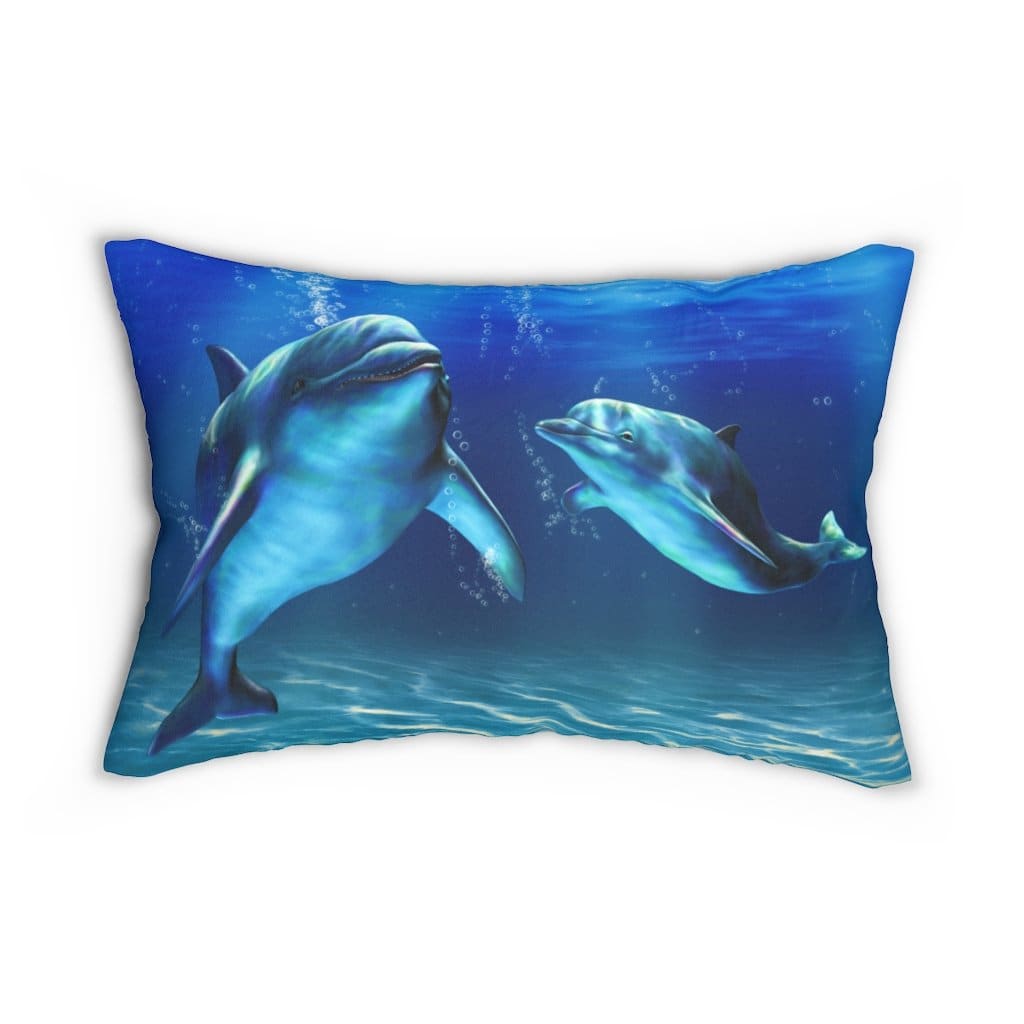 Decorative lumbar throw pillow featuring a blue dolphin design, made from spun-polyester fabric with a hidden zipper.