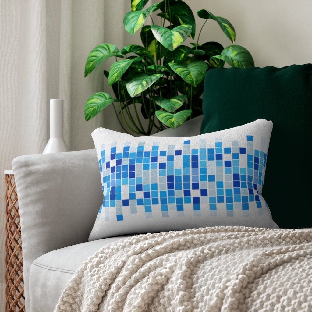 Decorative lumbar throw pillow featuring a blue squares design, made of spun-polyester fabric with a concealed zipper.