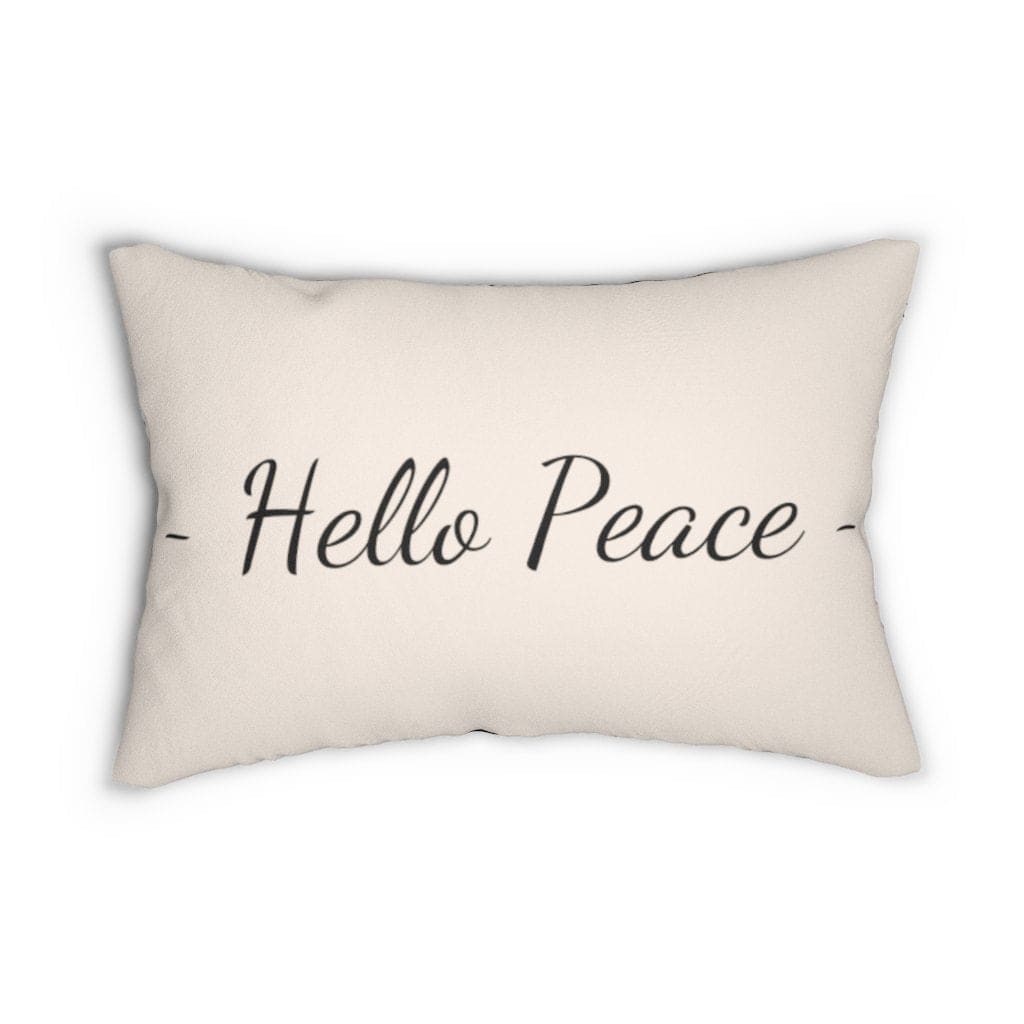 Decorative lumbar throw pillow in beige and black with 'Hello Peace' design, featuring a concealed zipper and double-sided print.