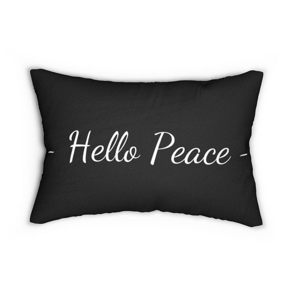 Decorative lumbar throw pillow in beige and black with 'Hello Peace' design, featuring a concealed zipper and double-sided print.