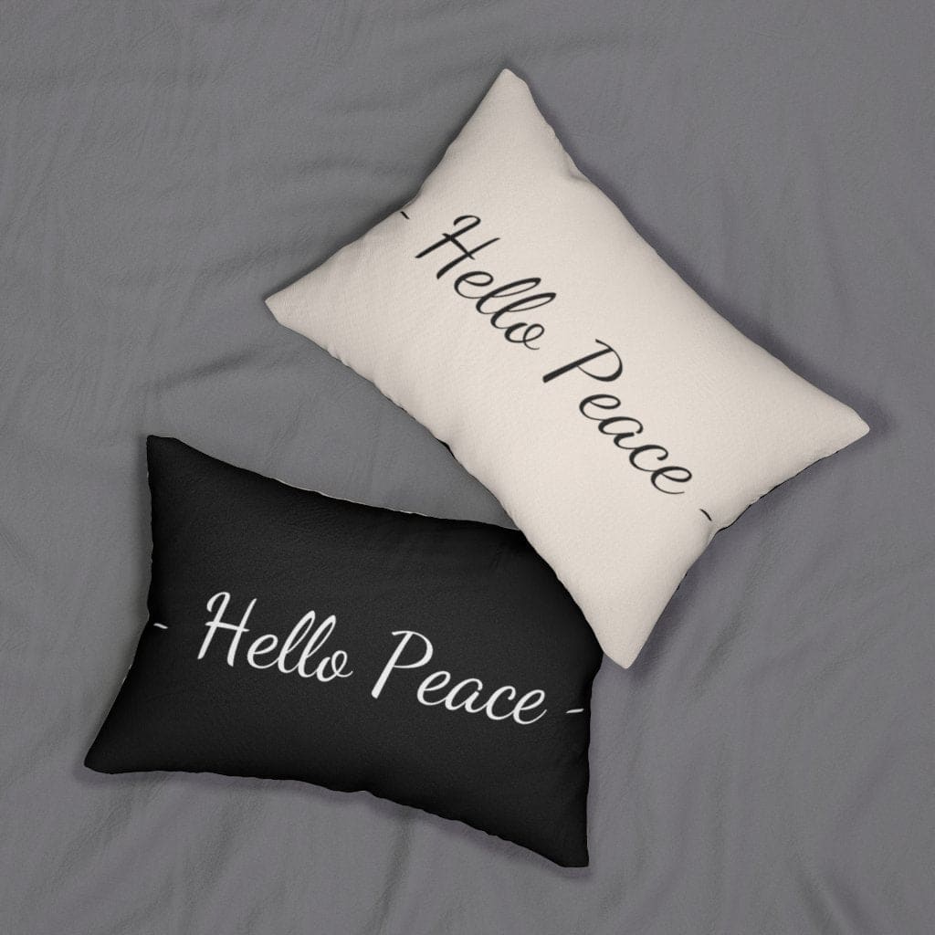 Decorative lumbar throw pillow in beige and black with 'Hello Peace' design, featuring a concealed zipper and double-sided print.