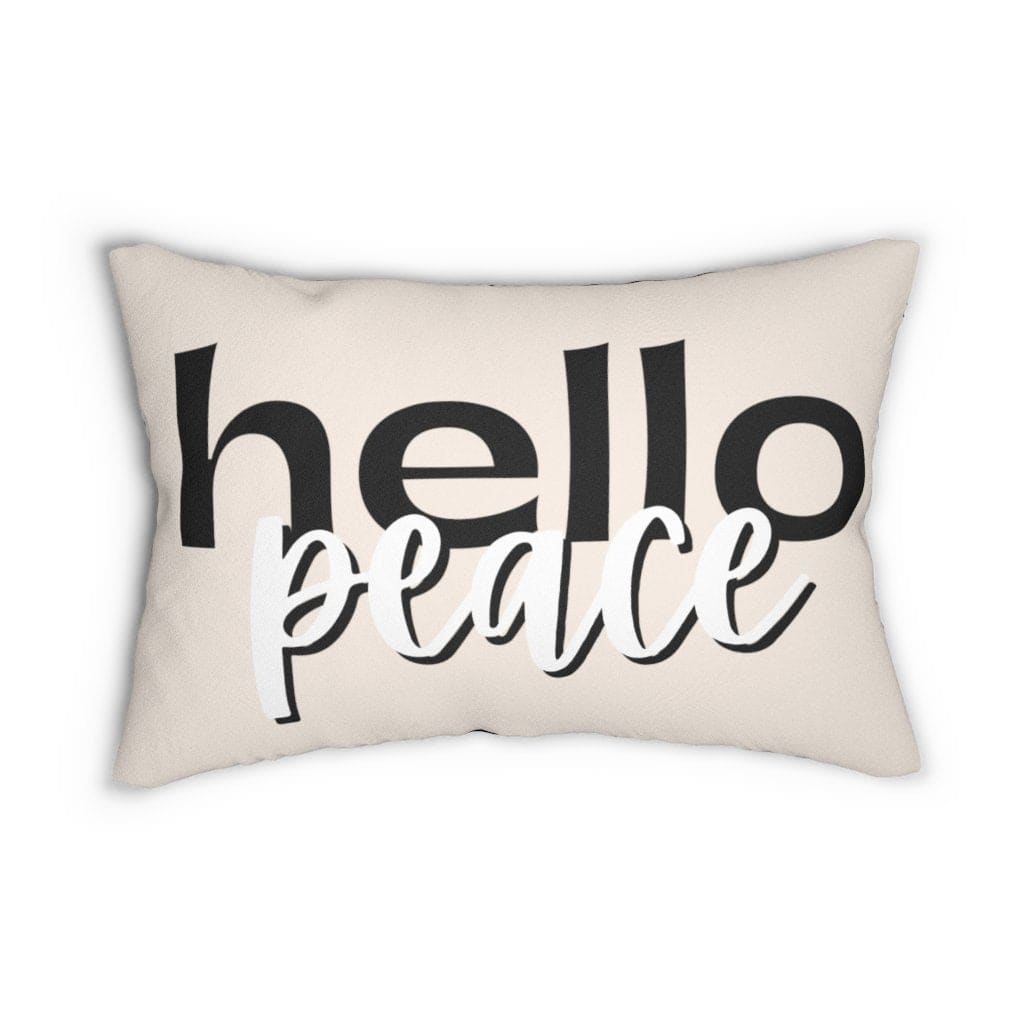 Decorative lumbar throw pillow in beige and black with 'Hello Peace' design, featuring a concealed zipper and plush stuffing.