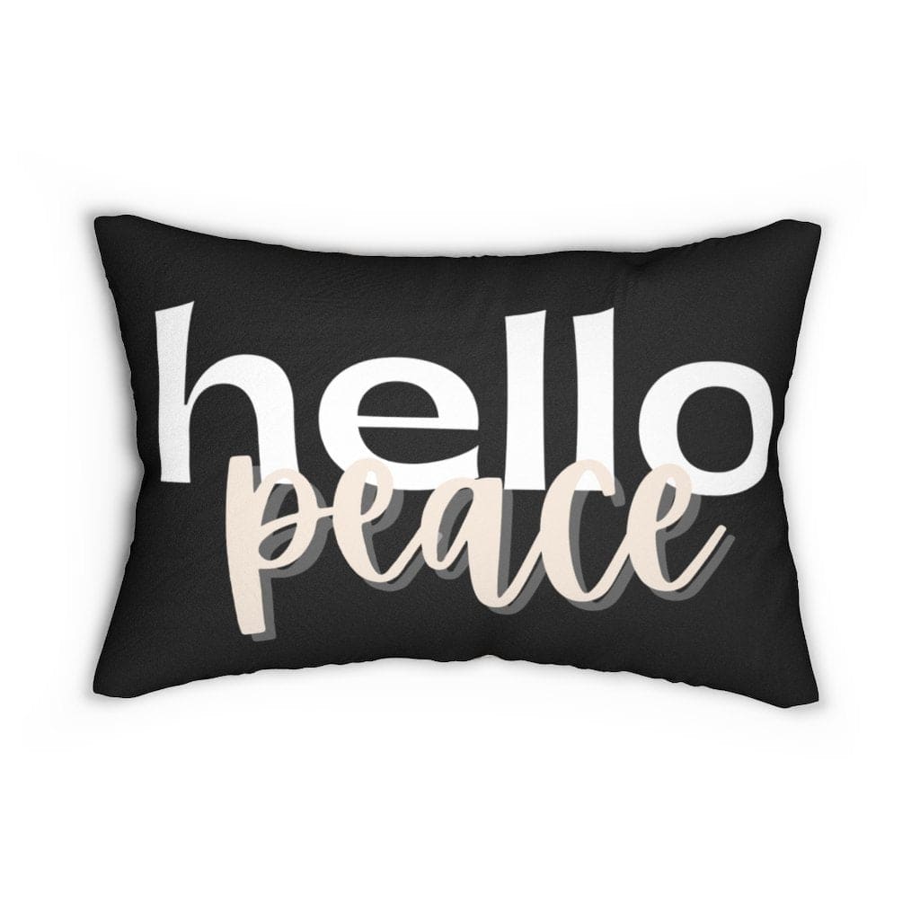 Decorative lumbar throw pillow in beige and black with 'Hello Peace' design, featuring a concealed zipper and plush stuffing.