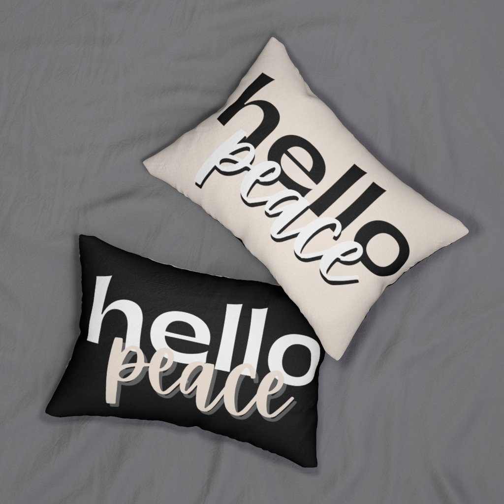 Decorative lumbar throw pillow in beige and black with 'Hello Peace' design, featuring a concealed zipper and plush stuffing.