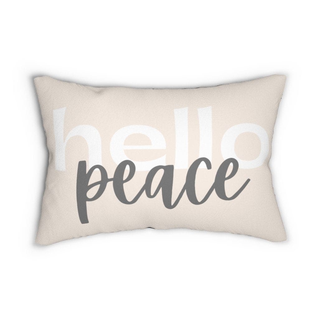 Decorative lumbar throw pillow in black and beige with 'Hello Peace' design, featuring a concealed zipper and double-sided print.