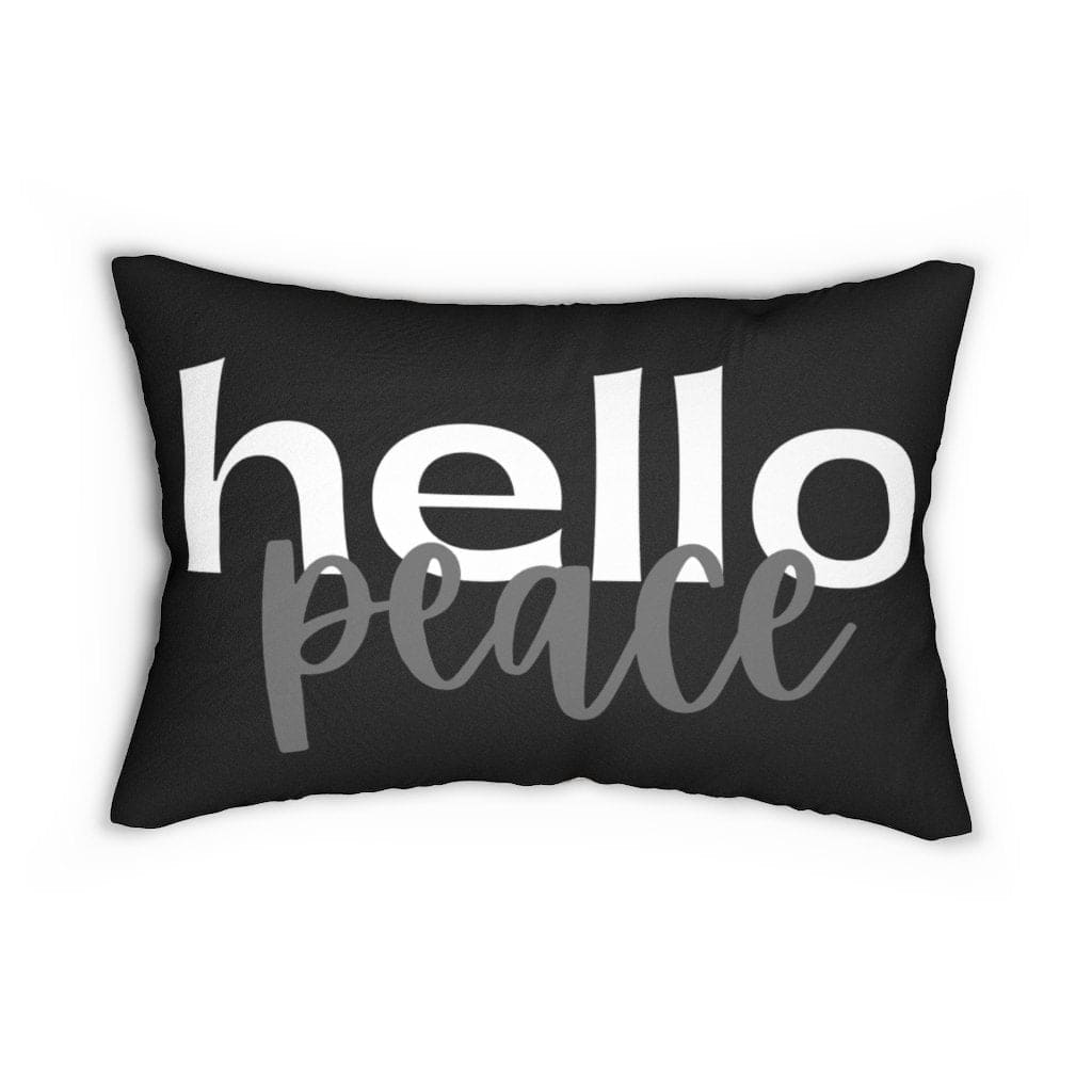 Decorative lumbar throw pillow in black and beige with 'Hello Peace' design, featuring a concealed zipper and double-sided print.