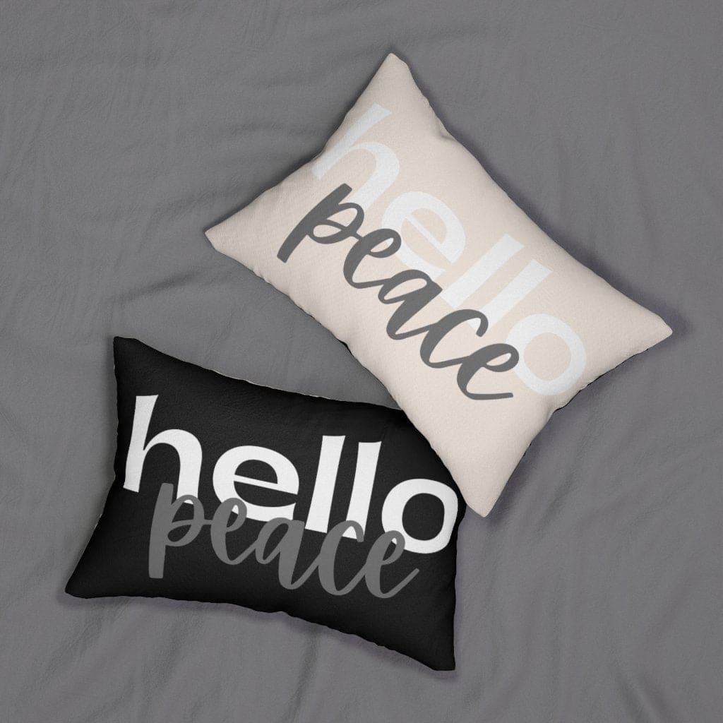 Decorative lumbar throw pillow in black and beige with 'Hello Peace' design, featuring a concealed zipper and double-sided print.