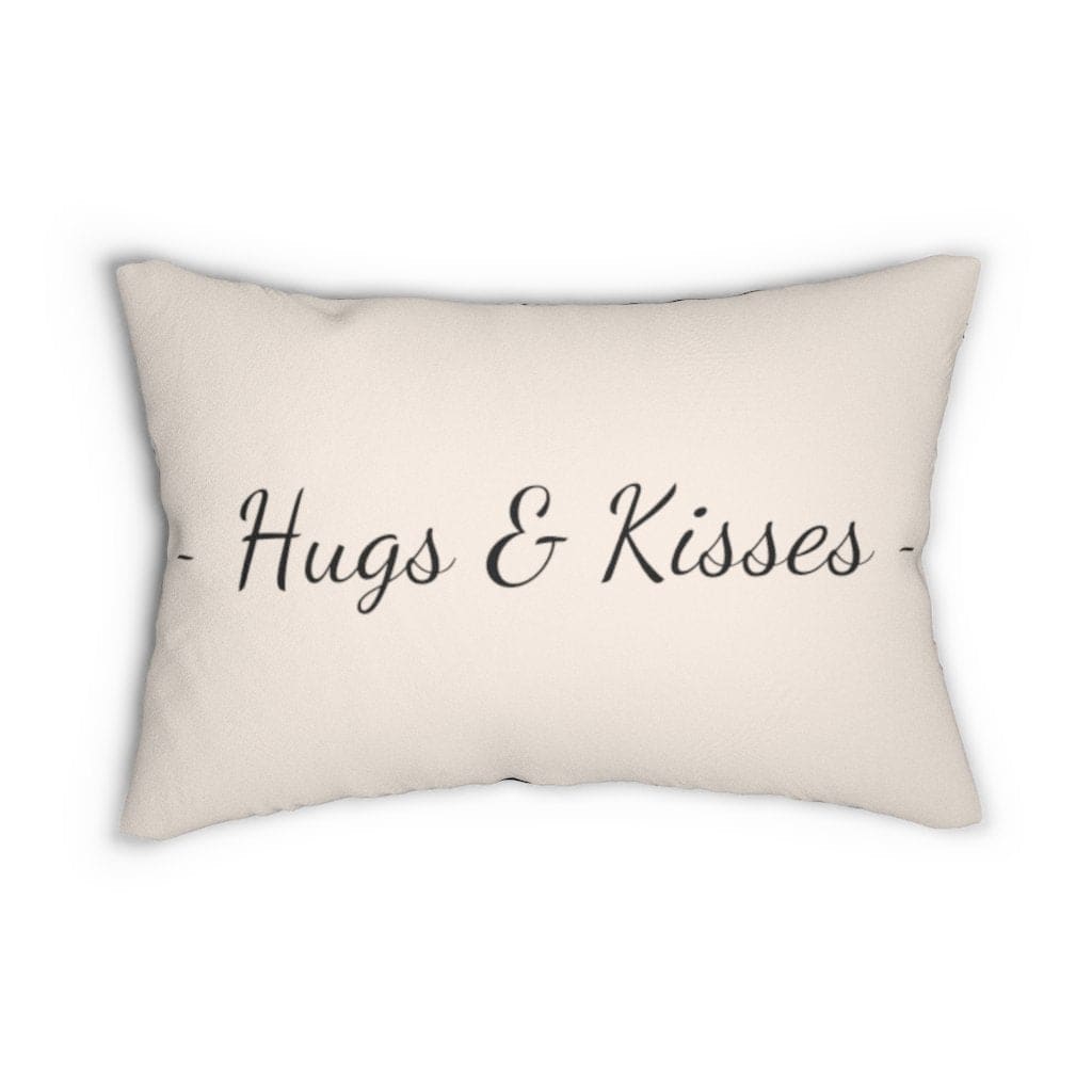 Decorative lumbar throw pillow featuring Hugs & Kisses design in beige and black, showcasing a stylish and comfortable accent for home decor.