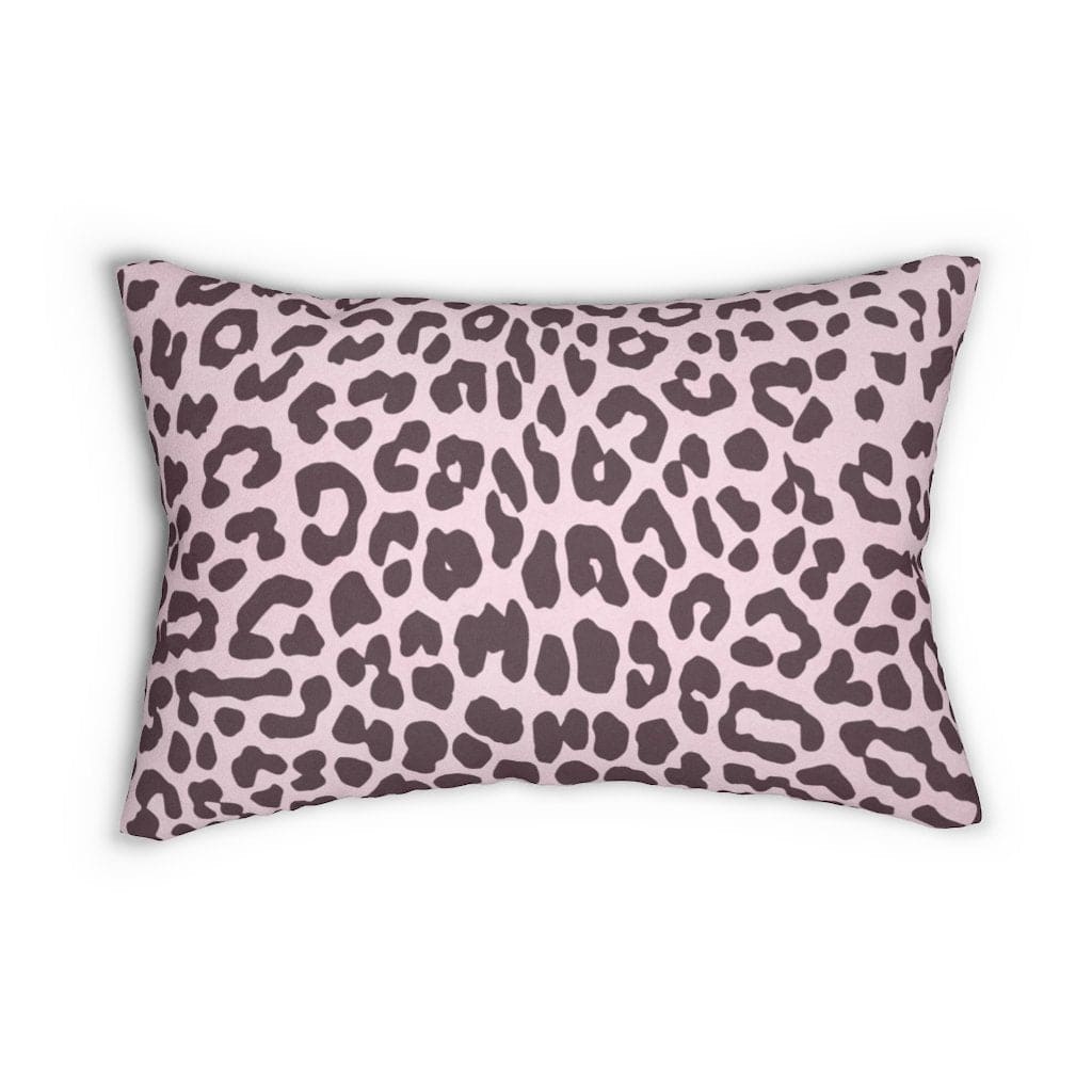 Decorative lumbar throw pillow featuring a stylish leopard print in pink and black, with a concealed zipper and removable insert.