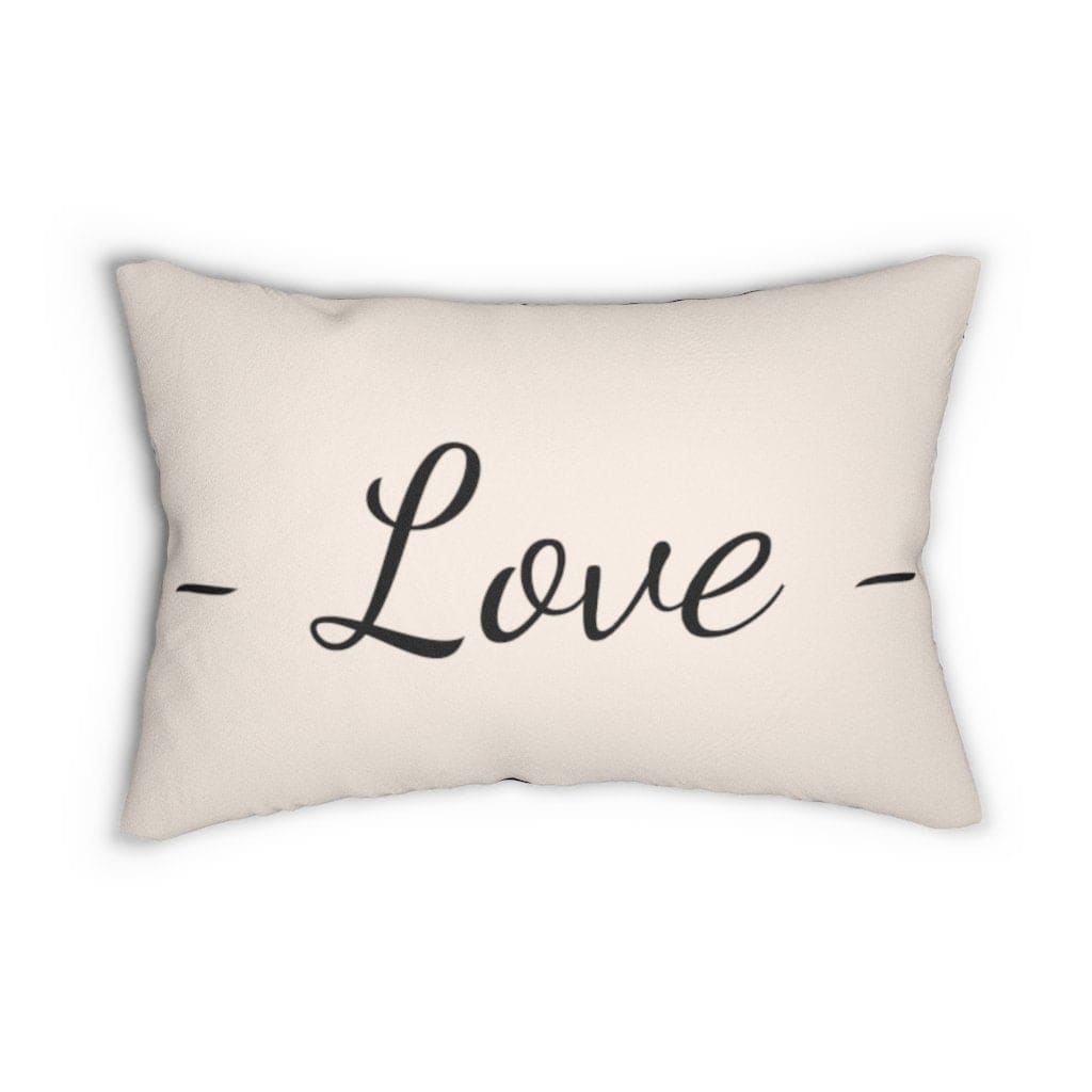 Decorative lumbar throw pillow in beige and black with 'Love' design, featuring a concealed zipper and double-sided print.