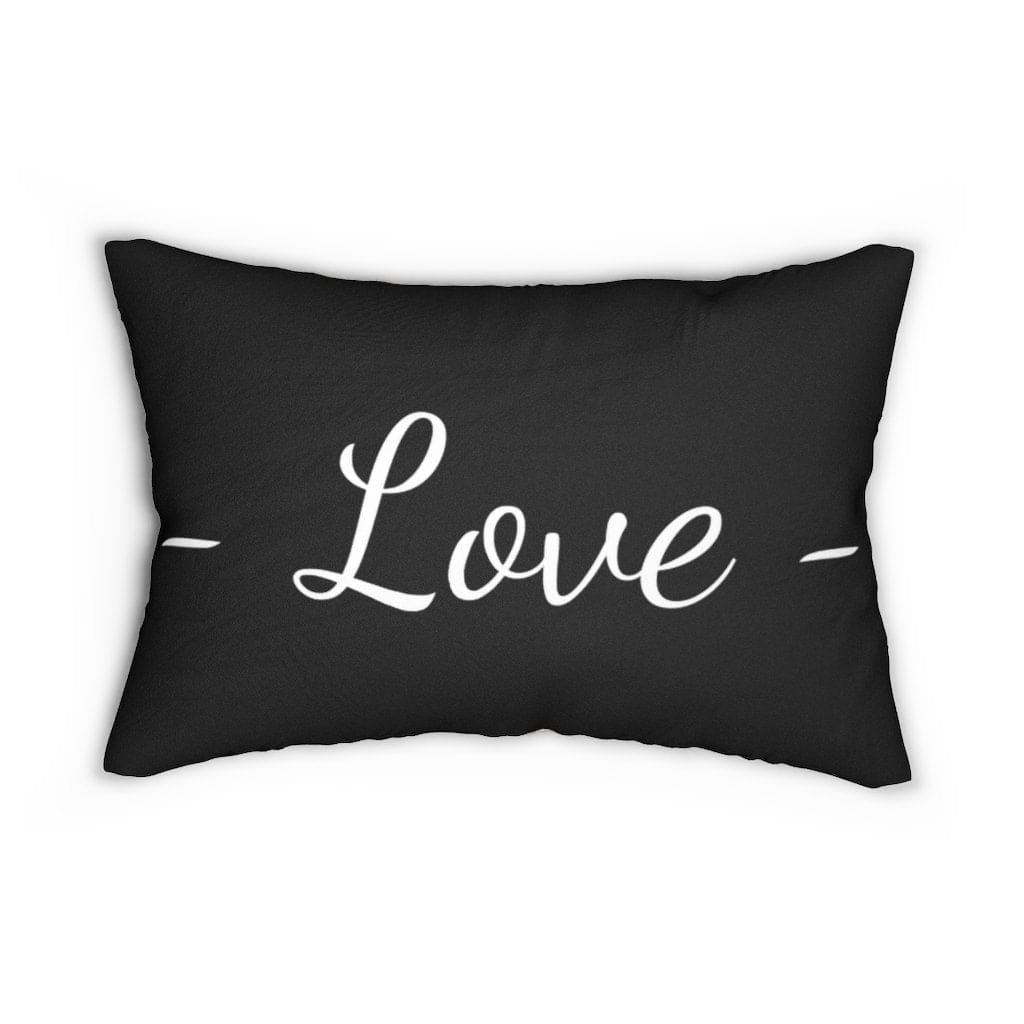 Decorative lumbar throw pillow in beige and black with 'Love' design, featuring a concealed zipper and double-sided print.