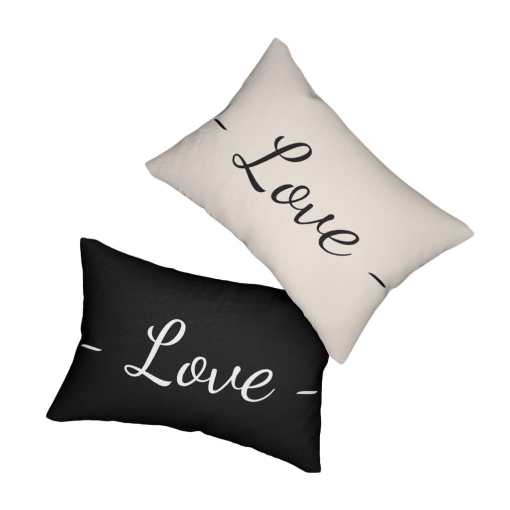 Decorative lumbar throw pillow in beige and black with 'Love' design, featuring a concealed zipper and double-sided print.